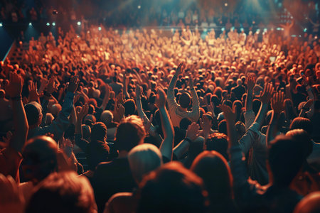 Young happy people are dancing in club. Abstract Background Party Concert Concept. Silhouettes of concert crowd in front of bright stage lights on a music festivalの写真素材