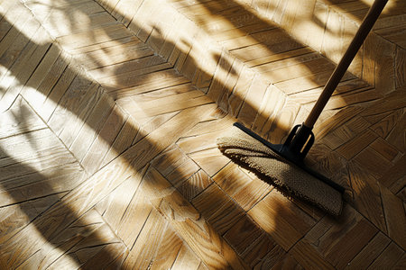 Cleaning the wooden floor with a mop in the living room. Modern microfiber mop cleaning the house floor, clean wood parquet. Household cleaning concept.の写真素材