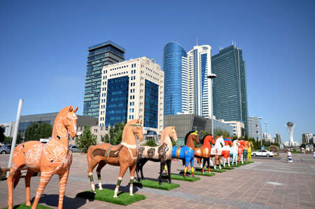 WATER-GREEN BOULEVARD, ASTANA, KAZAKHSTAN JULY, 2015: View high-rise buildings on the water-green boulevard.のeditorial素材
