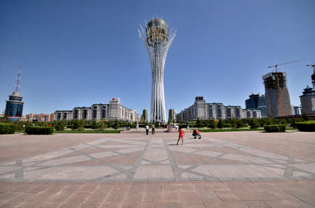 WATER-GREEN BOULEVARD, ASTANA, KAZAKHSTAN JULY, 2015: View of the monument Bayterek, symbol of Kazakhstanのeditorial素材