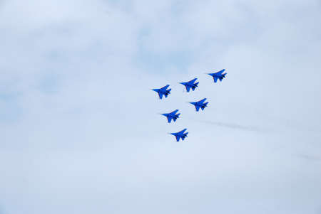 Omsk Russia - 19 March 2016: Performance of aerobatic team Russian Knights at the air showのeditorial素材