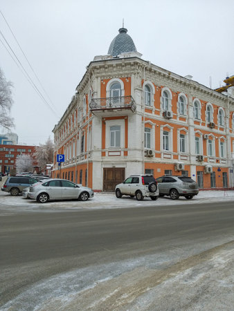 Omsk, Russia - December 18, 2018: View of the historic building - Korobeinikov Bath, built in 1910のeditorial素材