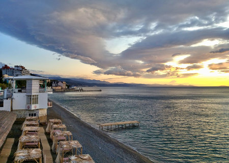ALUSHTA, CRIMEA - SEPTEMBER 21, 2019: View of the Crimean coast in the city of Alushtaの写真素材