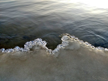 ice on the river in winter, closeup of photo with shallow depth of field