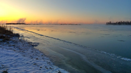 Autumn ice drift on the Irtysh River, Omsk region, Siberia, Russia