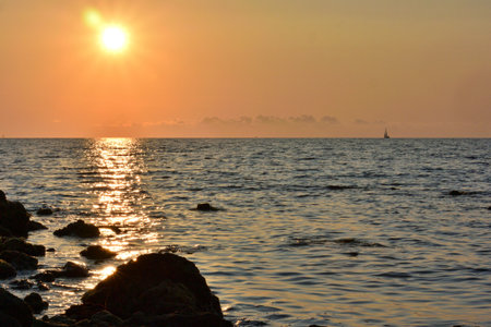 Sunset over the Black Sea in the city of Sevastopol in Crimeaの写真素材