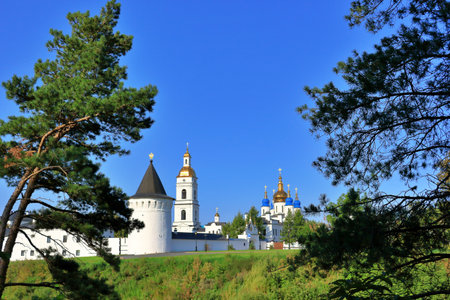 View of the Tobolsk Kremlin against the blue skyの写真素材