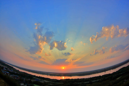 View of the Irtysh River and a beautiful sunset in the city of Tobolsk (fisheye lens)の写真素材