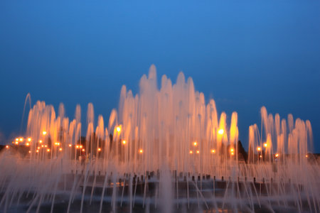 TOBOLSK, RUSSIA - AUGUST 25, 2021: Evening view of a beautiful fountain on Red Square in the city of Tobolsk Russiaの写真素材