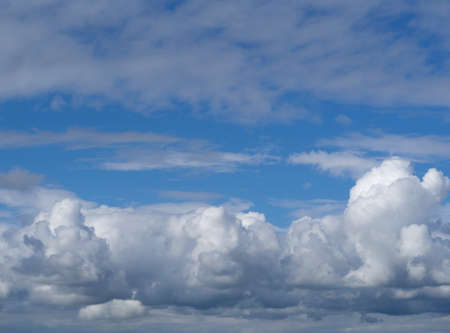 Cloudy landscape over the horizon. White cumulus clouds in a blue sky. beautiful sky.