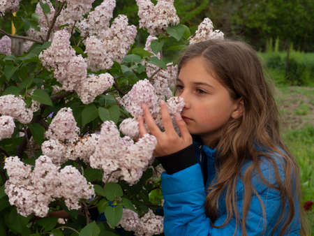 A teenage girl in a blue jacket sniffs pink lilac flowers. Young cute girl enjoys the floral fragrance in the spring garden. A scene from real life. Happiness and pleasure.の写真素材