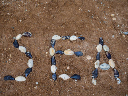 Close-up of the inscription on the beach-the sea. On the sea sand-shell beach, the text is lined...