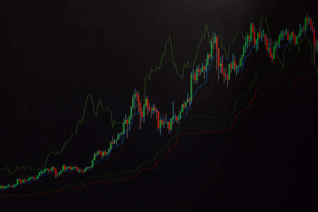 The financial chart on a dark background shows an increase in food and energy prices. Stock chart with indicators showing price growth during the crisis. stock market chart. Candle chartの写真素材
