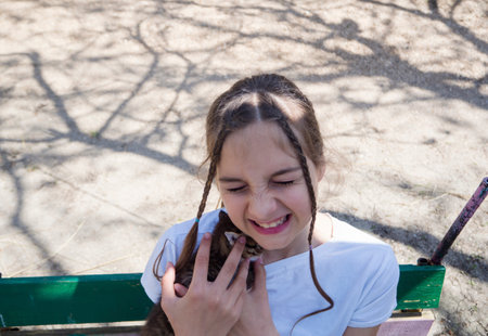 A beautiful girl is playing with a cute kitten in the backyard. A teenage girl with a friendly face with her eyes closed gently hugs a striped kitten. care and love for petsの写真素材