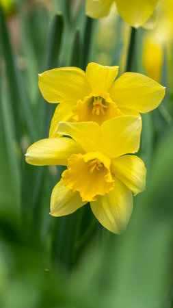 Two yellow daffodil flowers bloom in the spring garden on a green blurred background of leaves, selective focus. Picture for congratulations on Valentine's Dayの写真素材