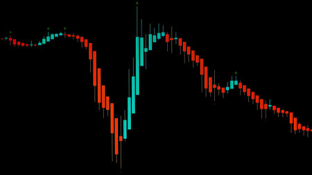 Close-up of the stock price chart with red and green candles on a black background for design. Stock, Cryptocurrency, Forex Chart Templateの写真素材
