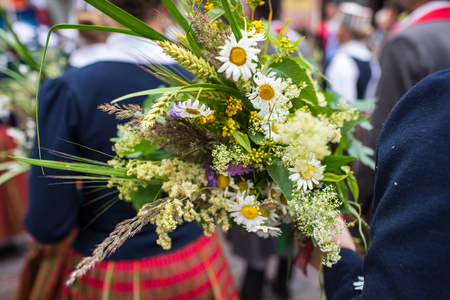Elements of ornaments and flowers. Song and dance festival in Latvia. Procession in Riga. Latvia 100 years.の写真素材