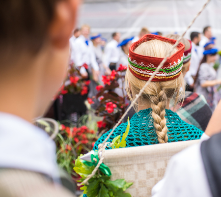 Elements of ornaments and flowers. Song and dance festival in Latvia. Procession in Riga. Latvia 100 years.の写真素材