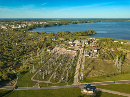 Electrical power station, wires. Aerial view from drone.の写真素材