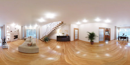 Panorama of living room in modern interior with furniture and fireplace.の写真素材