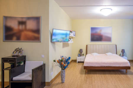 Light spacious studio apartment. Two grey sofas. Table with food.