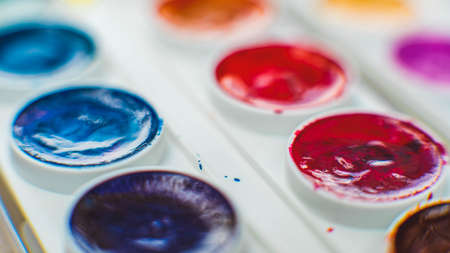 Close-up of watercolor palette. Children`s paint box.の写真素材