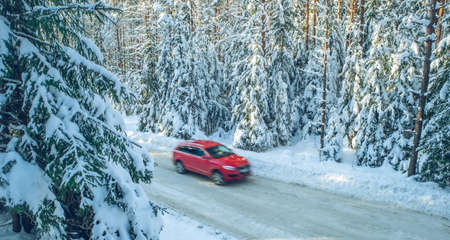 Scenic landscape of winter forest. Pine and spruce trees covered by snow. Car on road in motion. Beautiful nature.の写真素材