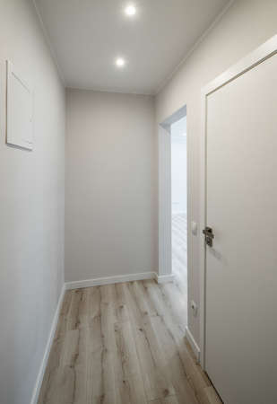 Contemporary apartment of entrance hall in modern flat. White walls. Parquet floor.の写真素材