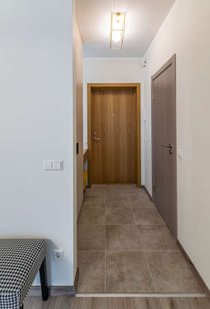 Modern interior of new apartment. Entrance hall. Wooden door.