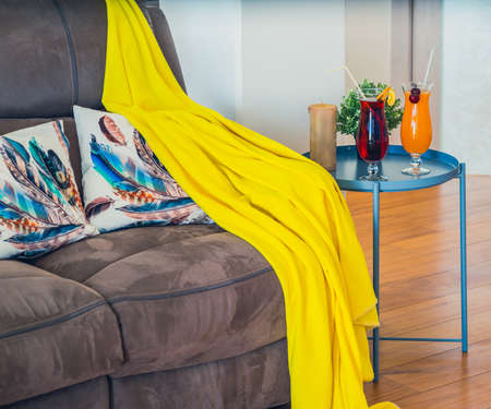 Modern interior. Long drinks on small table. Cozy sofa.の写真素材