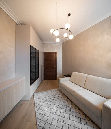 Modern interior. Living room with furniture. Brown colors.の写真素材