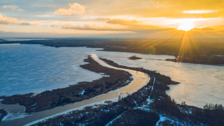 Aerial view. Scenic landscape of early spring nature. Melting ice.の写真素材