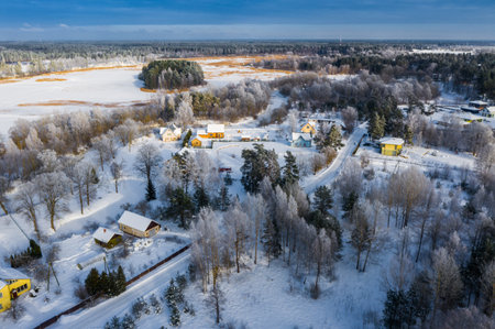 Top drone view of cottage village at winter. Snowy forest.の写真素材