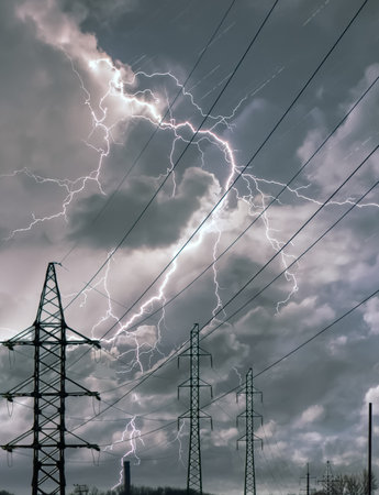 High voltage electricity power line towers against thunderstorm sky. Transmission towersの写真素材