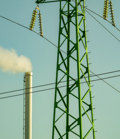 Factory chimney with smoke. Industrial pipe. Blue sky at sunny day. Air pollution. power line towerの写真素材