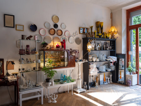 Modern interior with vintage style. A lot of home decor. Shelves with glassware. Wooden table. Decor...
