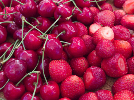 Close-up of fresh cherry and strawberry. Red berries from garden.