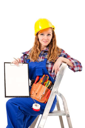 female construction worker isolated on white backgroundの写真素材