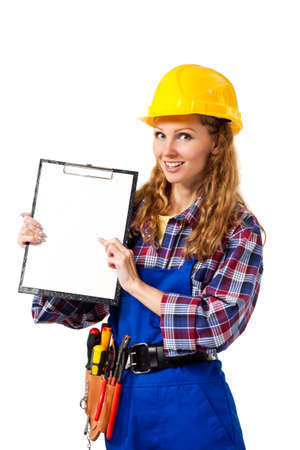 female construction worker isolated on white backgroundの写真素材