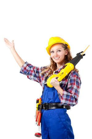 female construction worker isolated on white backgroundの写真素材