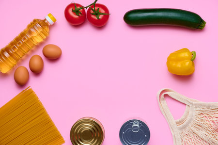 Flatlay top view, food on pink isolated background, sunflower oil, canned food, chicken eggs, tomatoes, pasta, zucchini, pepper, string bag. Donation conceptの写真素材