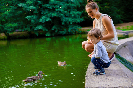 Young pregnant mother walking with her little son in summer park near the lake and feed the ducksの写真素材