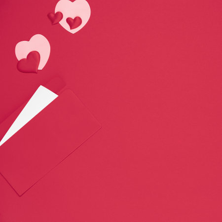 Valentine day template. Red envelope with letter and hearts on red background