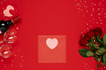 Saint Valentine template. Red envelope with heart, flowers, wine, wine glasses, confetti on red bright background. Flat lay, top view, copy spaceの写真素材