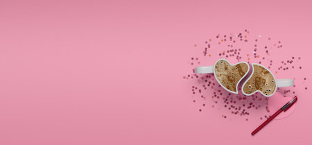 Valentine's day pink background. Cups with coffee, confetti, paper heart and pen on pink background.の写真素材