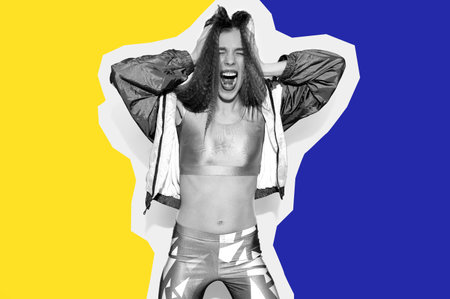 Magazine style collage. Screaming teen girl in bright retro clothes on colored background