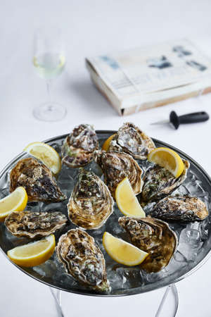 Fresh oysters with lemon on the plate with ice drift and glass of white dry wine