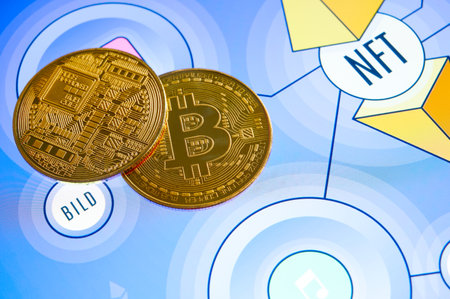 NFT Bitcoin cryptocurrency golden coin token crypto currency blockchain. Cryptoart concept