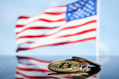 Bitcoin gold and ethereum silver coins in front of usa american flag on background. Virtual cryptocurrency concept. Cryptocurrency.の写真素材