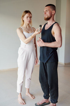 People meditation after yoga practice of standing on sadhu board with shapr nails. Alternative medicine acupressure, recovery strengthの写真素材